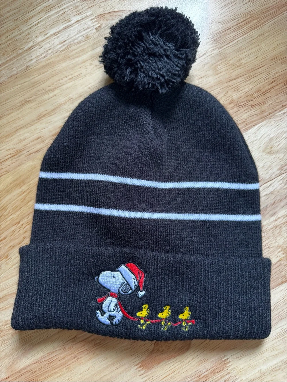 Peanuts Snoopy Woodstock Christmas Pom Pom Beanie Black OS